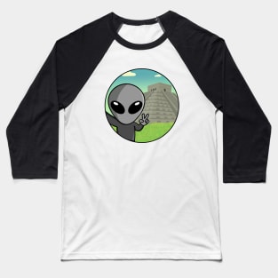 Gray Space Alien Selfie Chichen Itza Baseball T-Shirt